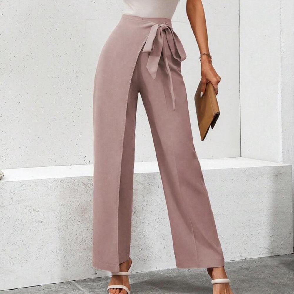 High-Waist Wide-Leg Wrap Tie Pants - Dusty Rose